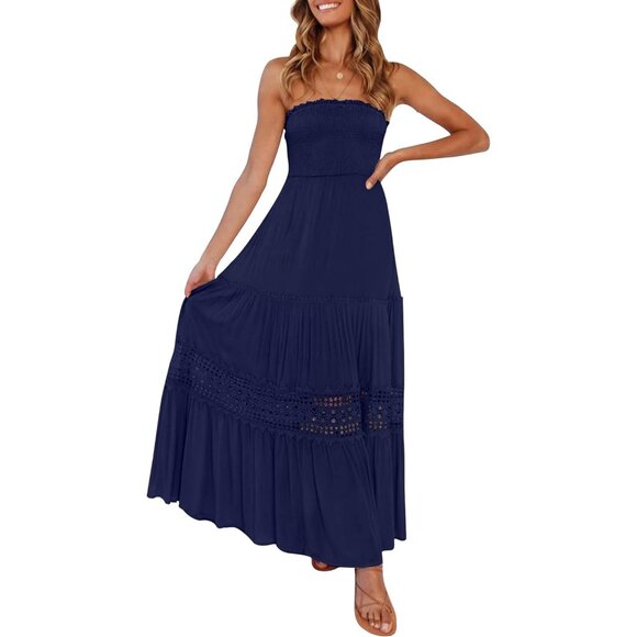 Dresses & Skirts - Women's Blue Summer Bohemian Strapless Off Shoulder Lace Trim Backless Flowy